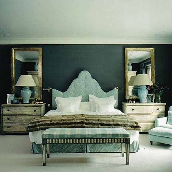 bed design with headboard dark wall mirror