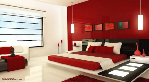 red and white and black mod bedroom
