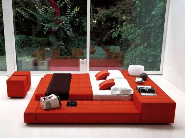 red and white bedroom with view