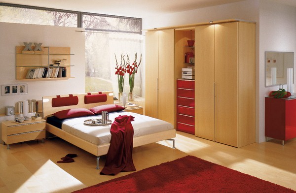 red and wood bedroom