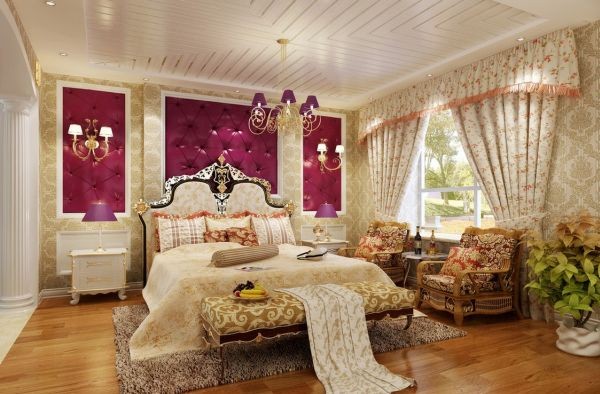 Classic-bedroom-design-with-purple-wall-and-chandelier