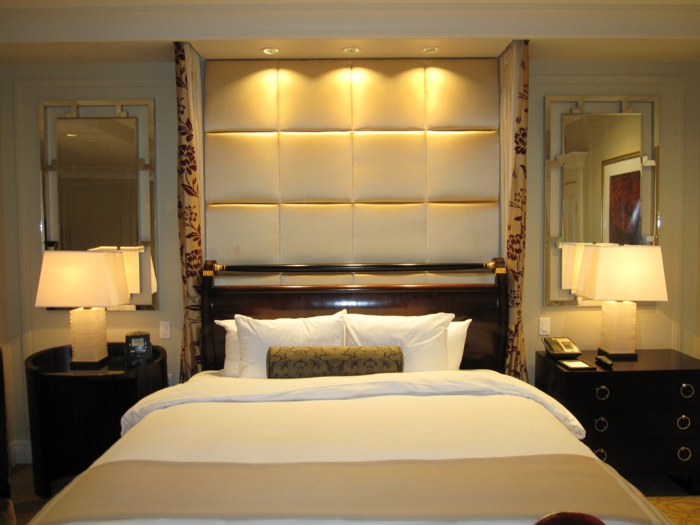 bedroom design modern upholstered headboard bedside lamp