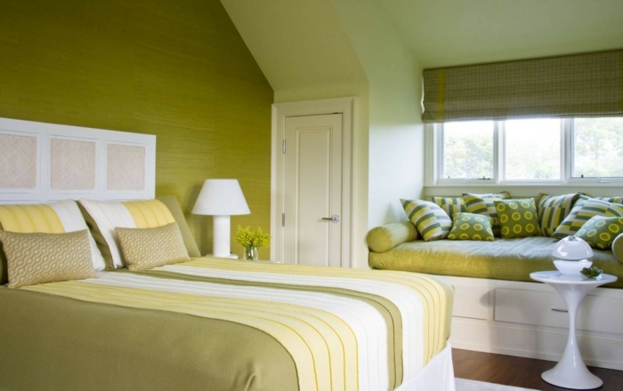 interior design small bedroom green wall cushion built-in wardrobe