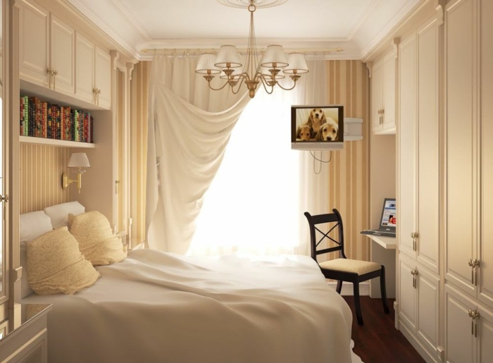 romantic bedroom design small white curtains wardrobe cream