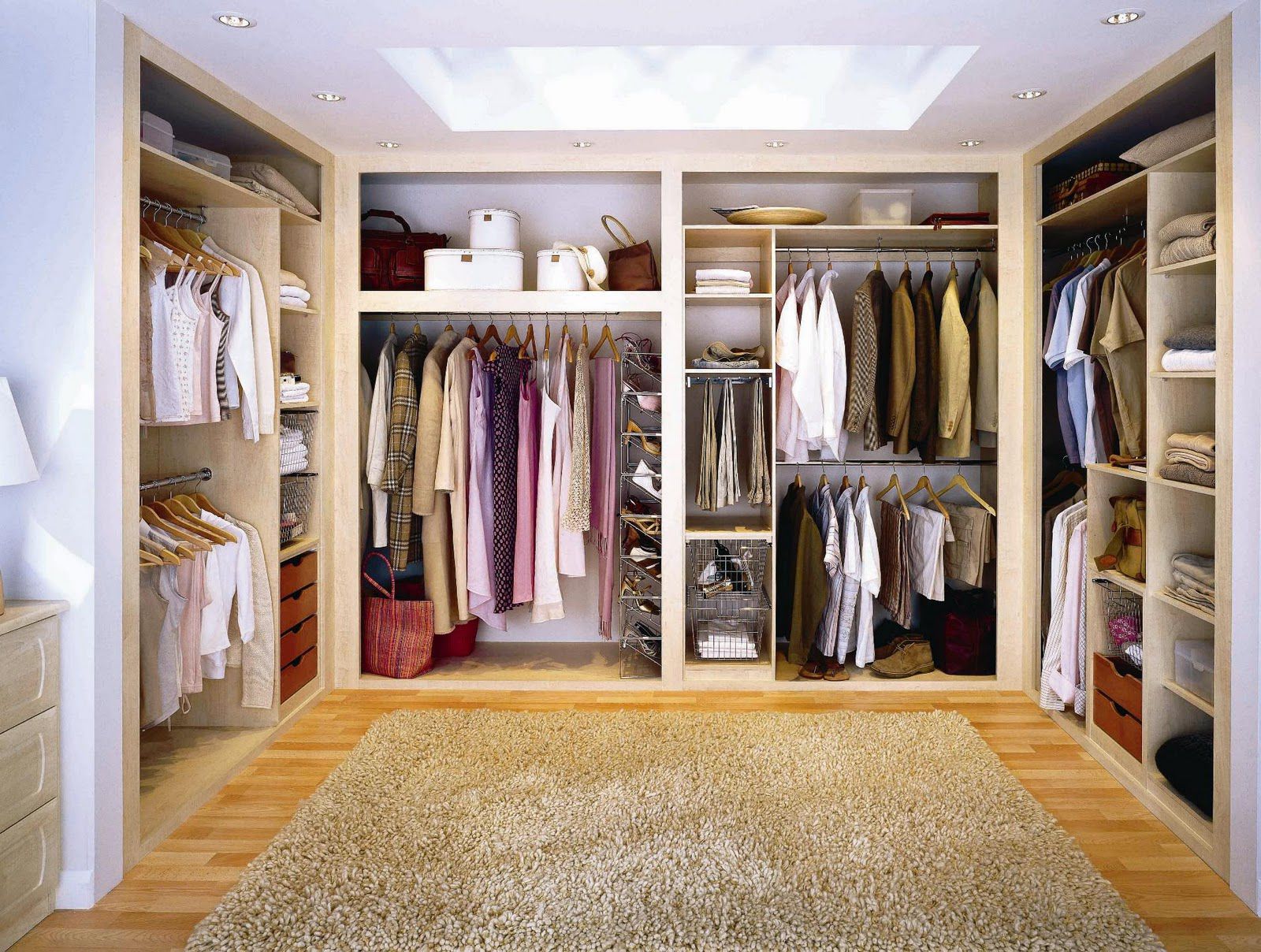 Handsome Walk In Closet Designs With Brown Wooden Wadrobe Also Good Lighting Fixtures Idea 