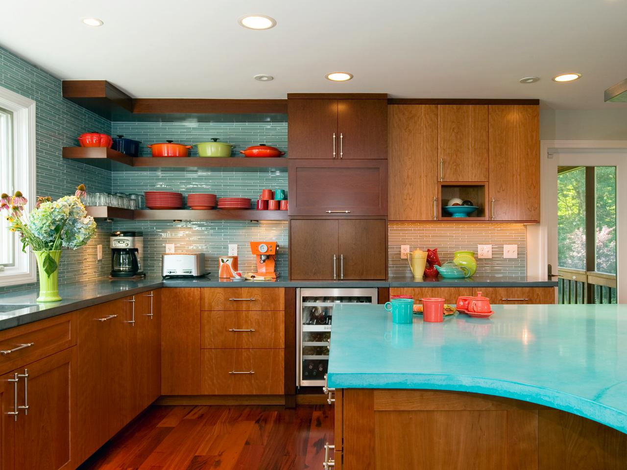 mid century kitchen with blue wall oven